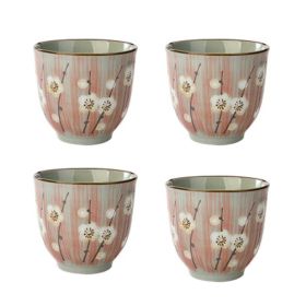 4Pcs Japanese Style Pink Sakura Ceramic Teacups Small Straight Wine Cups 150ML - Default