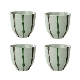 4Pcs Japanese Style Brown Green Stripe Ceramic Teacups Small Straight Wine Glass 150ML - Default