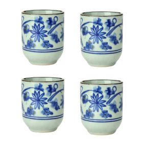 4Pcs Japanese Style Blue Flower Ceramic Teacups Small Straight Wine Glass 150ML - Default