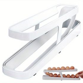 Egg Holder For Refrigerator: Automatically Rolling Egg Storage Container, 2 Tier Rolling Egg Dispenser, Space Saving Egg Tray For Refrigerator - White