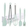 Silicone Cook Utensils;  5 Piece Kitchen Cooking Set;  Includes Large Spatula;  Small Spatula;  Grease Brush;  Food Clamp;  Whisk - green