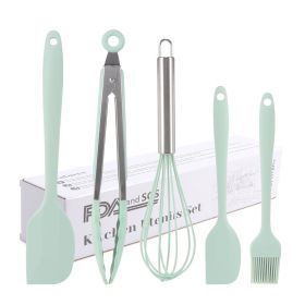 Silicone Cook Utensils;  5 Piece Kitchen Cooking Set;  Includes Large Spatula;  Small Spatula;  Grease Brush;  Food Clamp;  Whisk - green