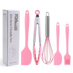 Silicone Cook Utensils;  5 Piece Kitchen Cooking Set;  Includes Large Spatula;  Small Spatula;  Grease Brush;  Food Clamp;  Whisk - pink