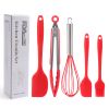 Silicone Cook Utensils;  5 Piece Kitchen Cooking Set;  Includes Large Spatula;  Small Spatula;  Grease Brush;  Food Clamp;  Whisk - red