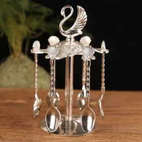 6pcs Gold Alloy Spoon Display Stand Kitchen Dessert Coffee Mixing Tableware Spoon Holder Swan Storage Box Wedding Gift Decorate - Silver